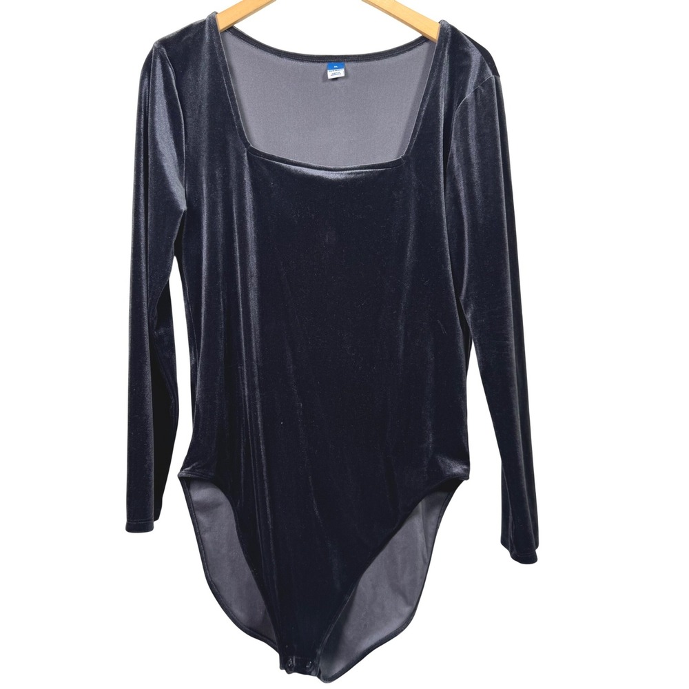 Old Navy Womens Bodysuit XL Velvet Steel Gray Square Neck Long‎ Sleeve Snap
